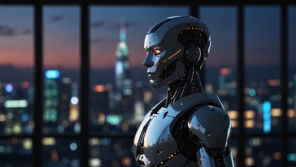 Fototapeta premium A robot humanoid staying in the empty office and looking out the window at the big night city future technology concept.