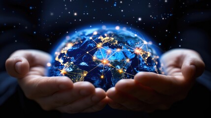 Hands holding glowing earth with illuminated network lines, symbolizing global connectivity.
