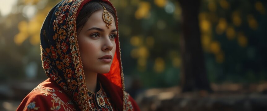Beautiful girl in a traditional ethnic dress with an embroidered cape on her head.