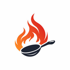 A simple and minimalist restaurant logo with a pan, flying food elements, and a flames icon
