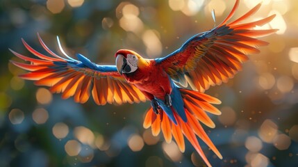 Scarlet macaw in flight against a bokeh background, bird photography with vibrant colors and dynamic movement