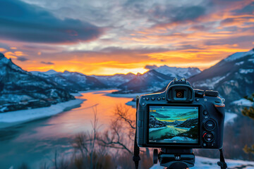 Camera capturing sunset shot. Photography using on tripod against sun rays with mountain in beautiful sundown scene.