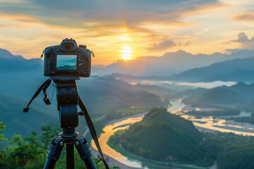 Camera capturing sunset shot. Photography using on tripod against sun rays with mountain in beautiful sundown scene.