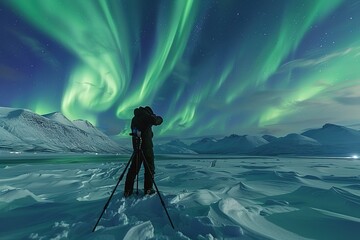 Fototapeta premium Photographer Capturing the aurora borealis in Snowy Wilderness with Northern Lights