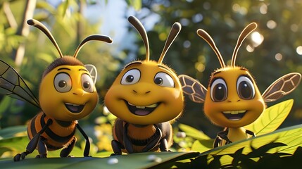 Fototapeta premium Bee, bumblebee. 3d cartoon vector icon set. Plasticine art illustration. 