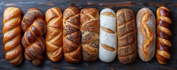 Loaf of bread on a wooden table. Different types of bread.