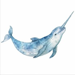 Fototapeta premium Majestic Narwhal Swimming in Pastel Watercolor - Marine Life Illustration on White Background