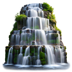 A stunning multi-tiered waterfall cascades over moss-covered rocks, creating a serene and picturesque nature scene.