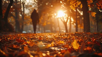 Person walking through a park with fallen autumn leaves as the sun sets, casting a warm orange glow through the trees.