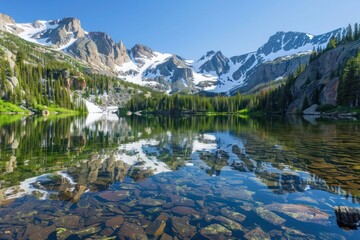 A crystal-clear lake nestled in the Rocky Mountains, reflecting snow-capped peaks and evergreen forests. The serene water's surface perfectly mirrors the stunning landscape above.