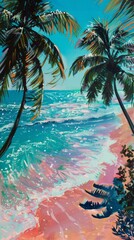 Colorful tropical beach painting with palm trees, vibrant ocean, and sunset hues. Artistic landscape concept