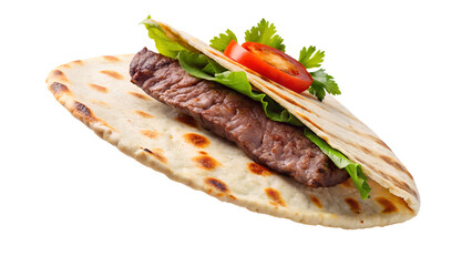 Delicious grilled meat wrap with fresh lettuce and tomato in flatbread. Perfect for a healthy and tasty meal option.