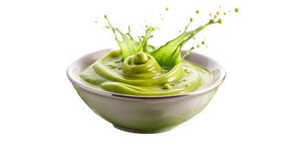 Fresh and creamy green sauce splashing in a white bowl, isolated on a white background, perfect for culinary and food-related concepts.