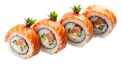 Four delicious sushi rolls with fresh salmon, avocado, and cucumber on a white background. Perfect for Japanese food and cuisine themes.
