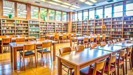 School Library Blur: A blurred background of a school library with shelves of books, tables, and chairs, representing knowledge and study.
