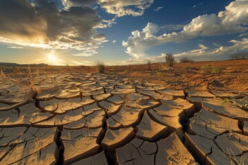 A desolate landscape with dried and cracked earth, devoid of vegetation, showcasing the devastating effects of drought and climate change on arid regions.