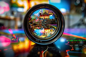 A detailed camera lens reflecting a vibrant and intricate scene of a photographer's workspace, capturing the essence of their passion and dedication in a creative self-portrait.