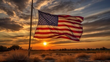 A USA flag waving proudly in the wind with a sunset background Ai Generated