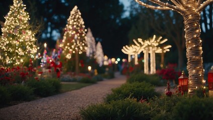 Fototapeta premium A whimsical holiday garden adorned with sparkling lights and whimsical decorations, with winding paths leading past festive displays and illuminated trees,.