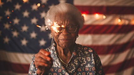 Obraz premium Elderly African American Woman Holding Sparkler Smiling in Celebration.