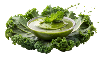 Fresh kale leaves and a bowl of green smoothie garnished with mint for a healthy detox diet and nutrition concept.