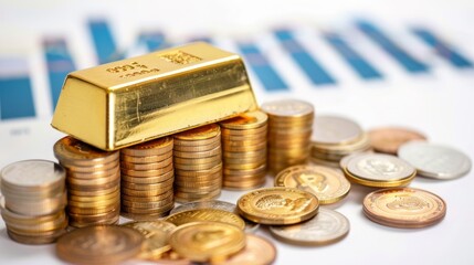 gold bar on top of a pile of coins with a background. financial gold crisis concept