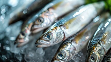 Close up photography of fresh raw anchovy fillets laid out on a gray and blue toned background ready to be used as a key ingredient in various seafood based recipes and Mediterranean cuisine