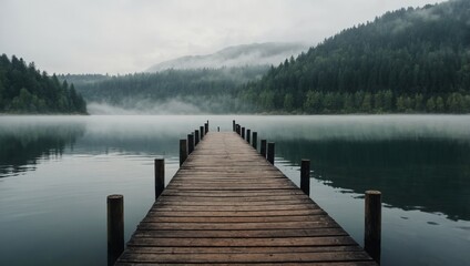 Naklejka premium A quiet lake with a wooden pier disappears into mist.