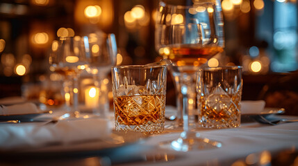 A table set with wine glasses and a bottle of whiskey.