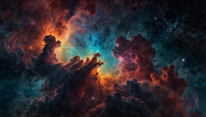 Fototapeta premium A mesmerizing interplay of colors and light presents a stunning nebula cloud, evoking the vastness and beauty of the universe.