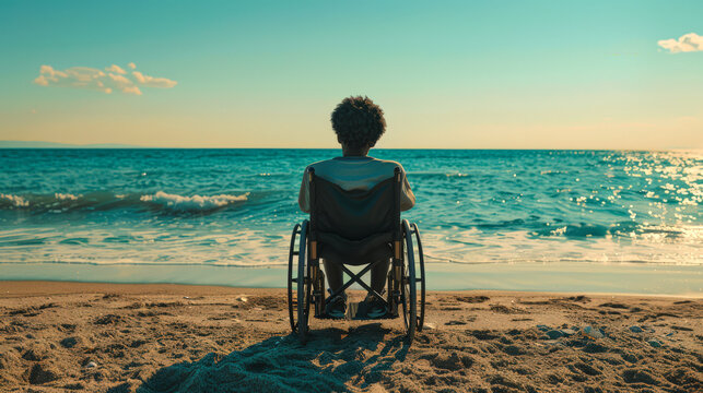 A black little disabled boy in a wheelchair is sitting on the beach and looking at the ocean. The view from the back. The concept of solitude and contemplation