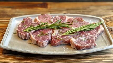 Fototapeta premium Closeup of raw premium lamb cuts seasoned with fragrant rosemary and garlic served on a rustic wooden plate This savory protein rich dish is a tempting entree for any gourmet or homemade meal