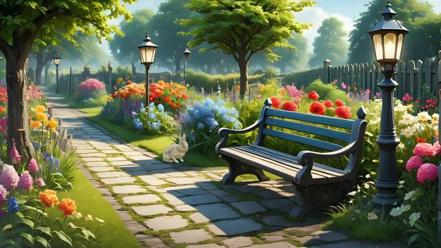 landscape nature with bench in the park. seamless looping time-lapse 4K video background