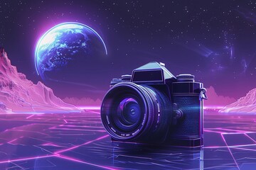 3d rendered illustration of a neon style camera
