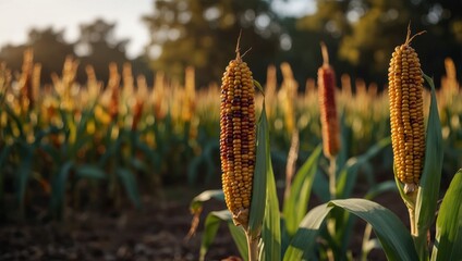 Indian corn on blurred farm field background with copy space, close up, concept of autumn harvest, October festival, Thanksgiving celebration.