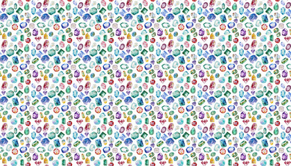 A water color pattern of colorful gemstones scattered on white background, arranged in random patterns, with no clear outline or shape