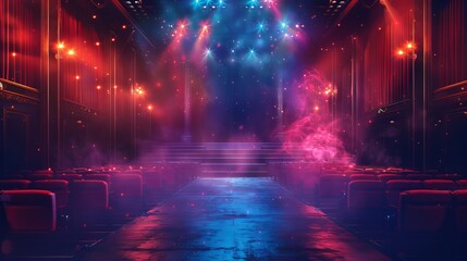 The abstract vector design of the backdrop added a vibrant touch to the stage, enhancing the lighting and spotlight effects, and elevating the overall scene of the theater show, concert