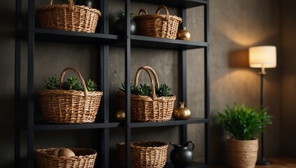 Stylish black shelving unit with wicker baskets and decorative items.