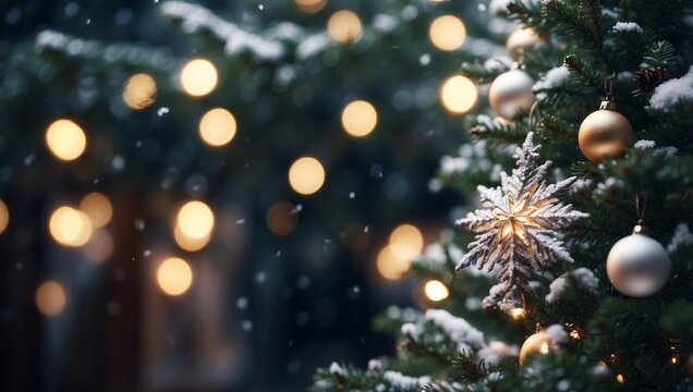 Photo of a beautifully decorated Christmas tree covered in snow with a shining star on top.