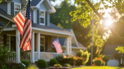 American Flag Blurred on Residential House Under Sunny Sky in Suburban Neighborhood