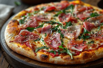A gourmet pizza topped with prosciutto, arugula, shaved Parmesan, and truffle oil.