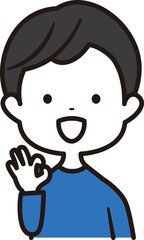 オッケーのジャスチャーをしている幼稚園から小学生の年齢の男の子の上半身のアイコンイラスト素材