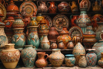 A display of traditional pottery and ceramics from different cultures, each piece uniquely crafted and painted, arranged artistically to highlight their beauty and cultural significance.