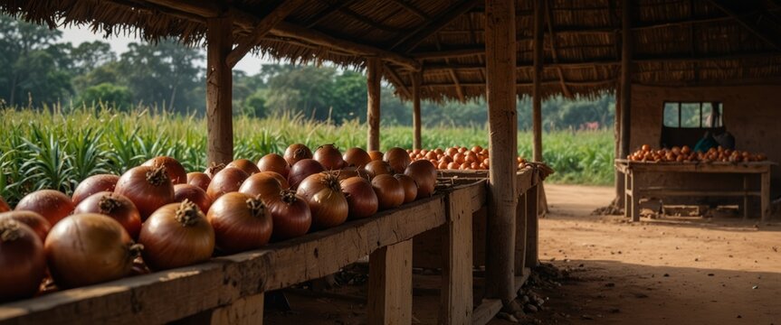 traditional style building on a farm in Ghana used for storage of onions.