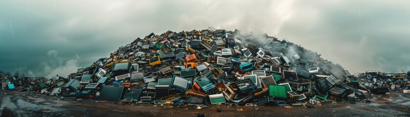 Vast electronic waste landfill under a cloudy sky, emphasizing environmental challenges and pollution concerns in waste management.