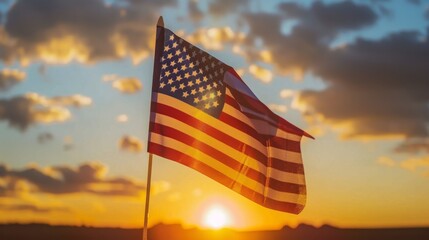 American Flag Waving in Front of Stunning Sunset on the Fourth of July