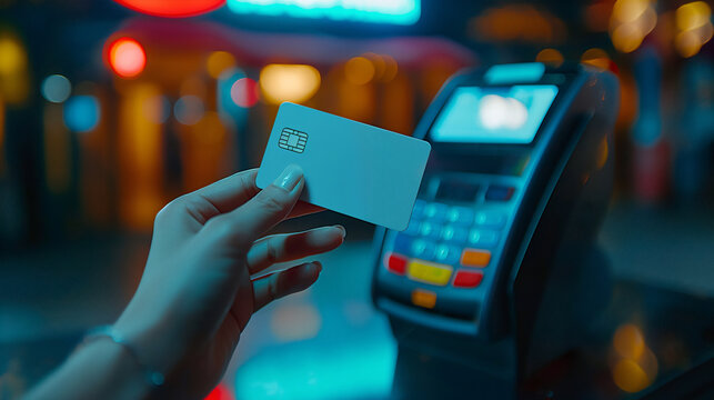 A hand holds a credit card over a POS terminal in a dimly lit, nighttime environment. Contactless payments and electronic banking concept - Powered by Adobe