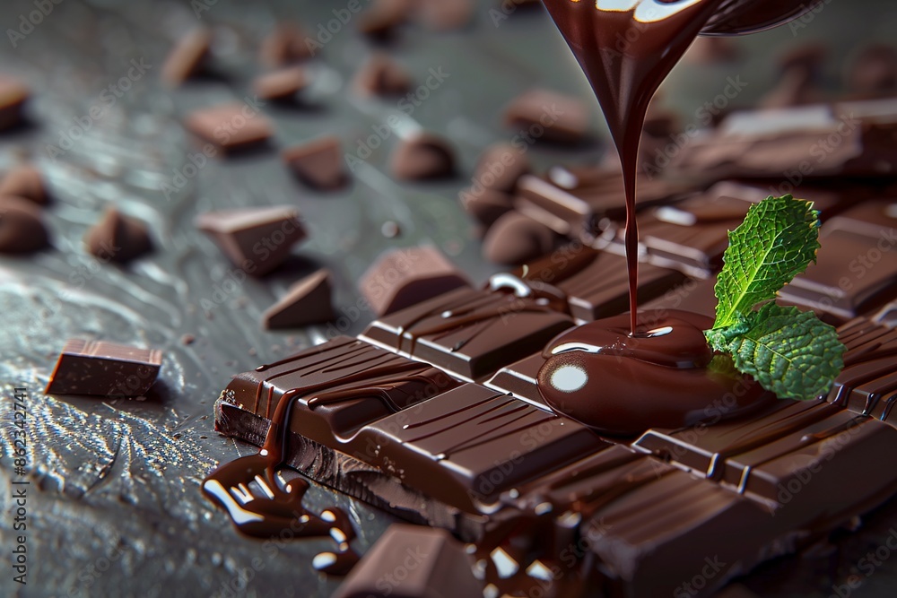 Wall mural melted chocolate pouring into a piece of chocolate bars with green mint leaf on a table. Generative ai - Wall murals