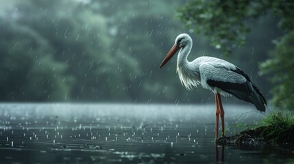 Fototapeta premium A white and black bird standing in a body of water. Generate AI image