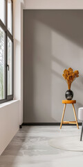 Luxurious apartment interiors with ample spaces, big windows providing natural lighting and elegant minimalist furniture. Luxury property interiors composition for home decor.